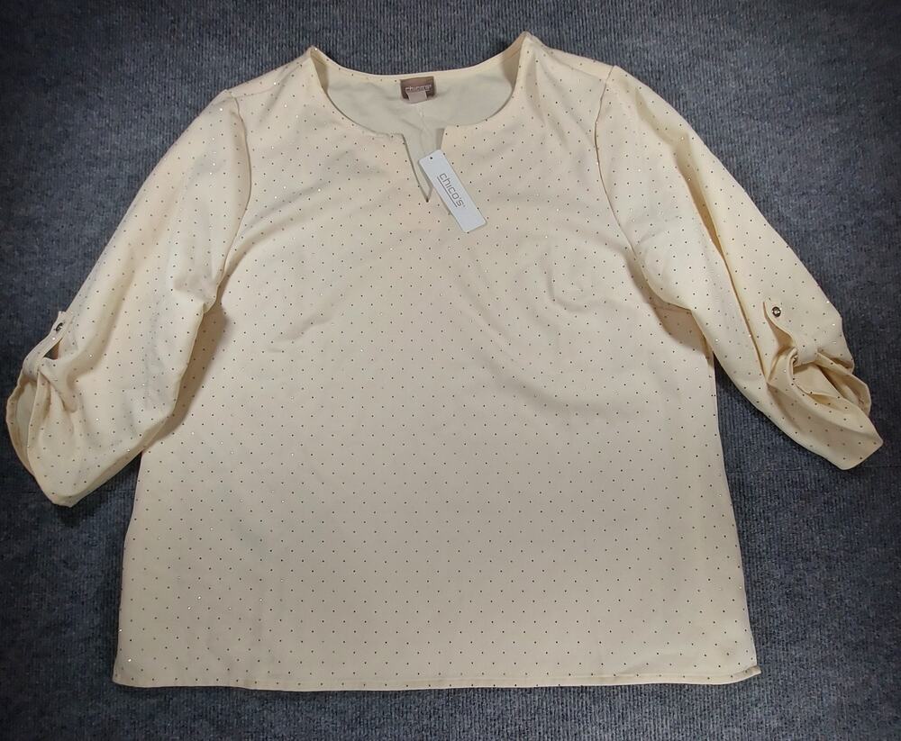 Chico's Glitzy Twill Pickup Sleeve Pullover Blouse Ecru Metallic Dot Size 3 NWT
